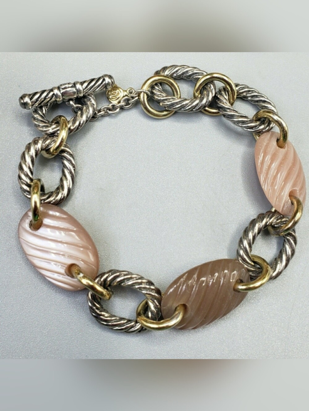 David Yurman RARE 18K Gold & .925 Sterling Silver Cable with ribbed Chalcedony